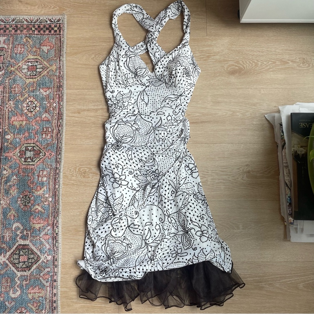 Y2K white and brown printed dress sweetheart neckline open back